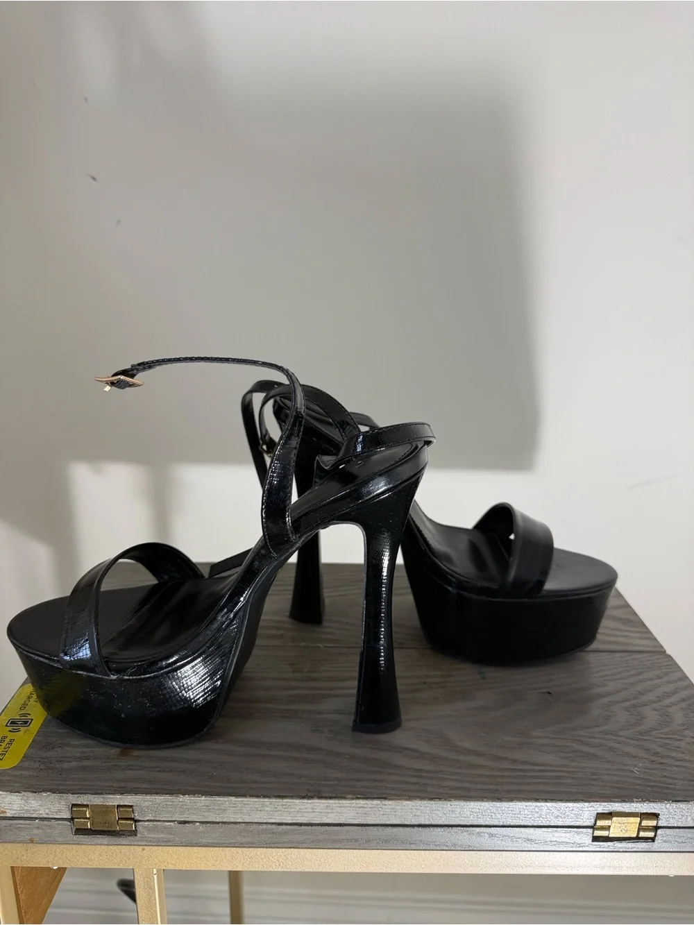 Women's Black Platform Strappy Heels with Ankle Buckle